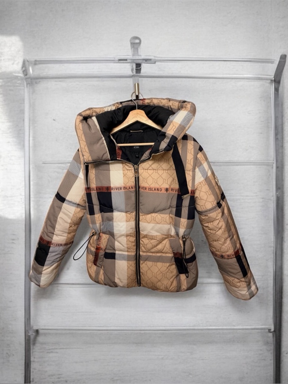 River Island Beige & Black Plaid Puffer Jacket with Hood
